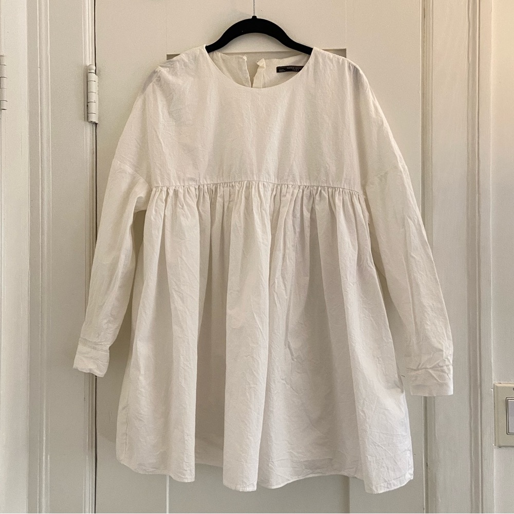 Zara Trafaluc White Long-sleeve Babydoll Mini Dress